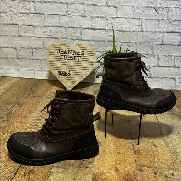 UGG Hilgard Men's 10.5‎ Brown Leather Ankle Shearling Vibram Snow Boot - Picture 2 of 12